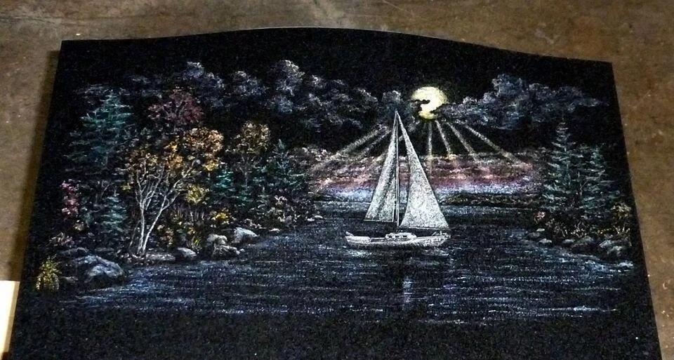 Colorful nighttime landscape etching featuring a sailboat on a lake, surrounded by trees and illuminated by the moon with clouds.
