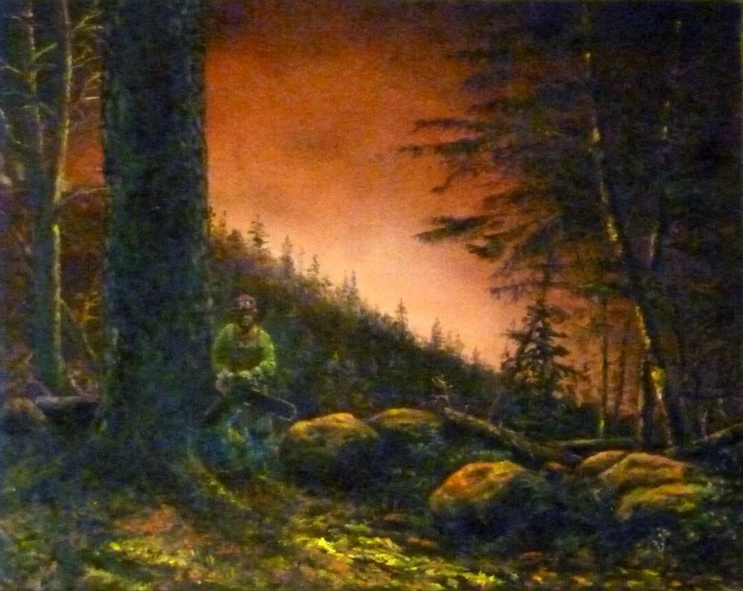 Painting of firefighter with chainsaw in forest near fire, smoky sky and dense trees
