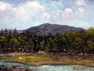 Landscape painting of a river with trees and mountains under a cloudy sky.