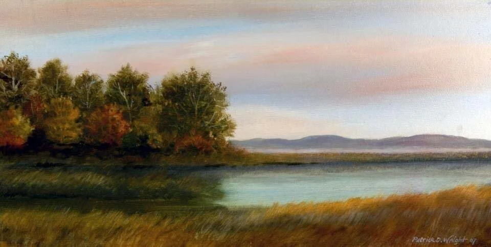 Oil painting of a serene lake with trees in autumn colors on the shore, distant mountains, and a soft sky at dusk.