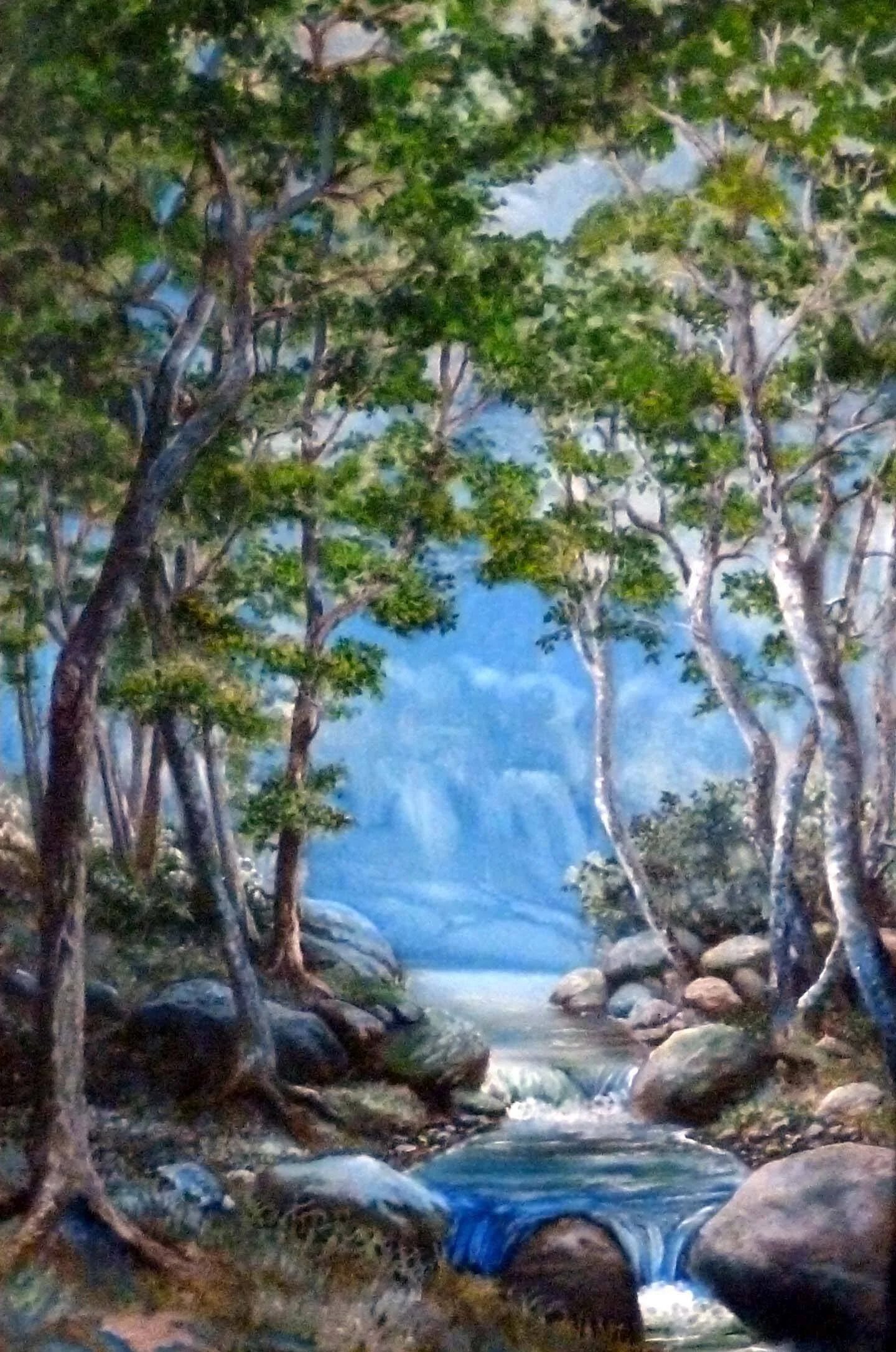 Painting of a forest landscape with a waterfall, stream, and trees.