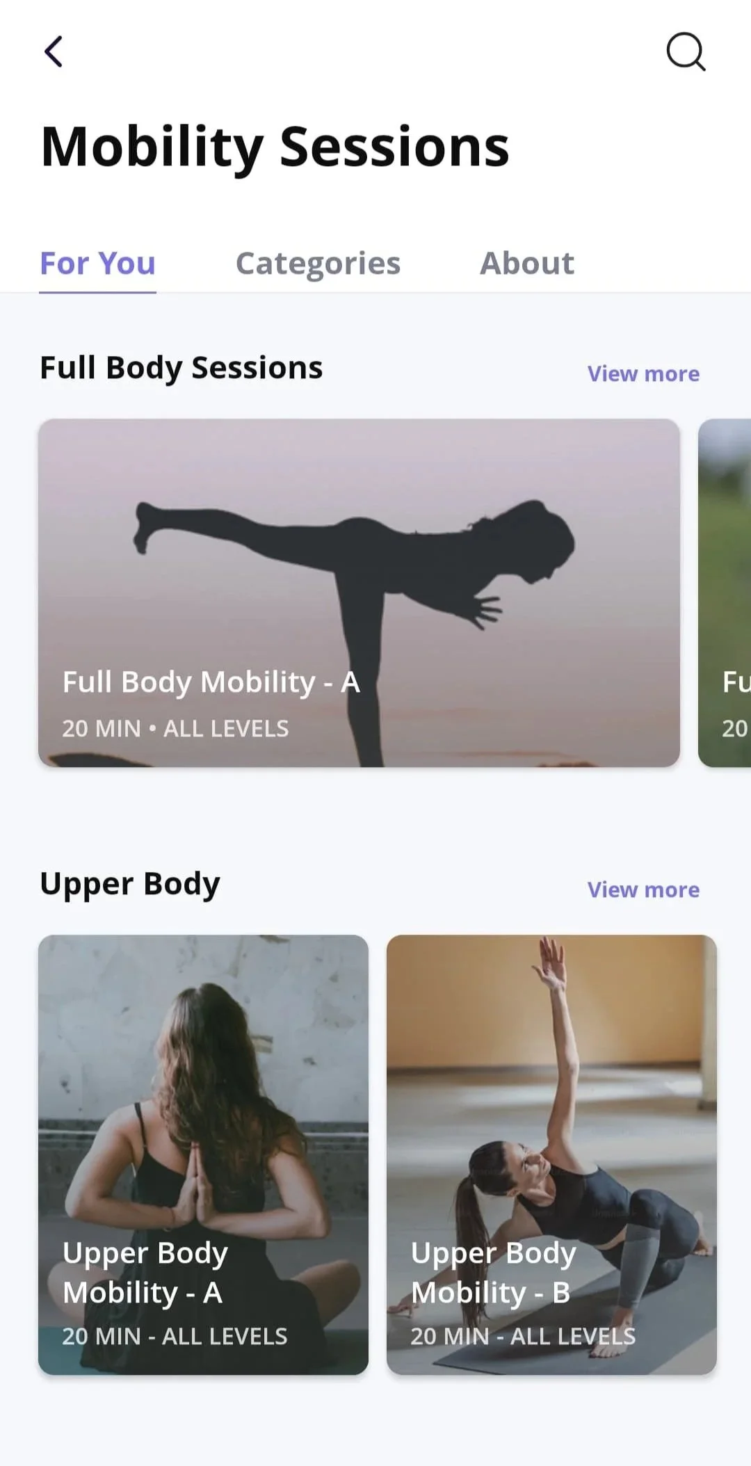 Mobile screenshot from the app, focused on mobility session and upper body mobility workouts