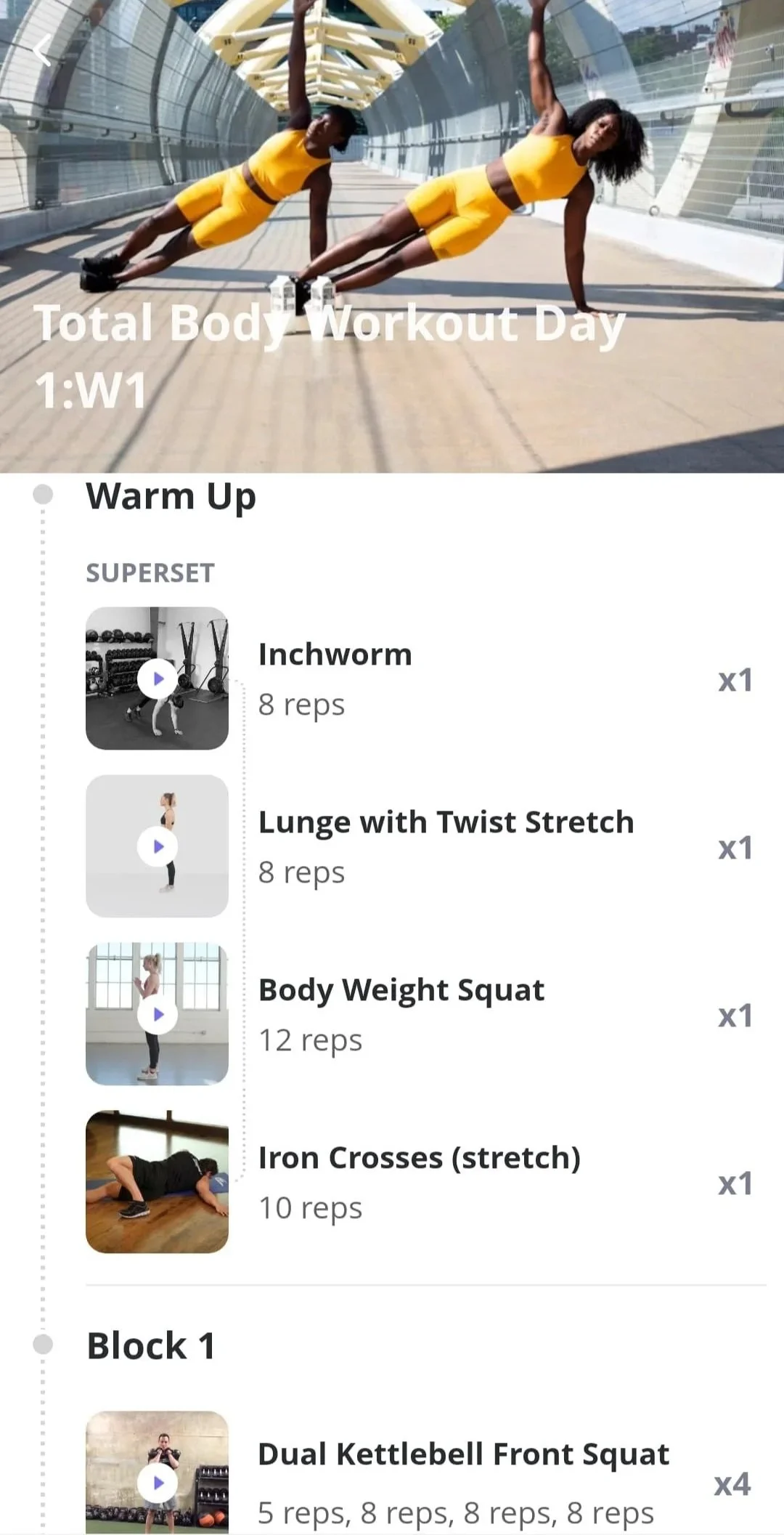 Mobile screenshot from the app, focused on total body workouts and warmup exercises
