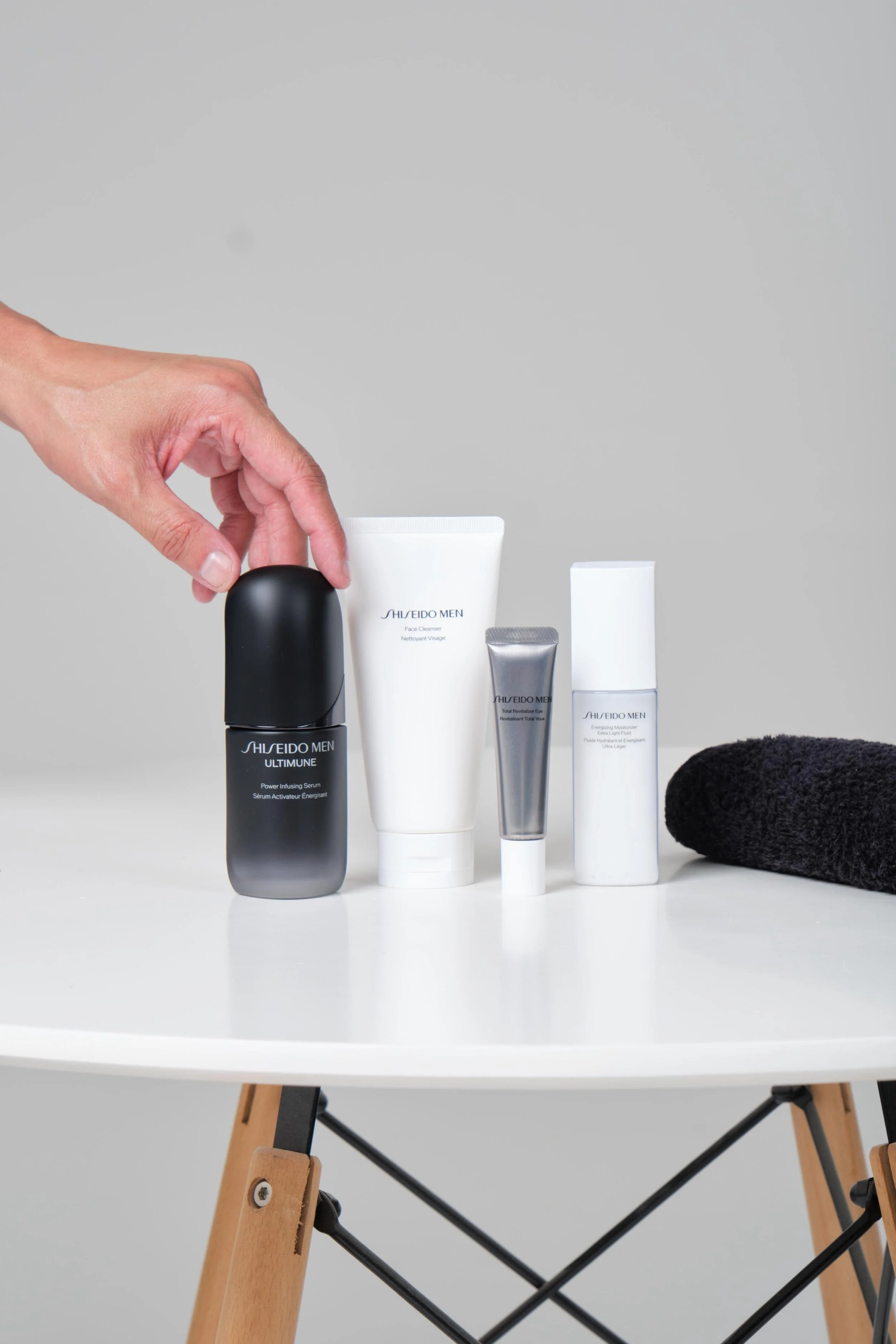 Luxury Shiseido Men grooming products on a minimalist Japanese architectural background for jacobsman.com