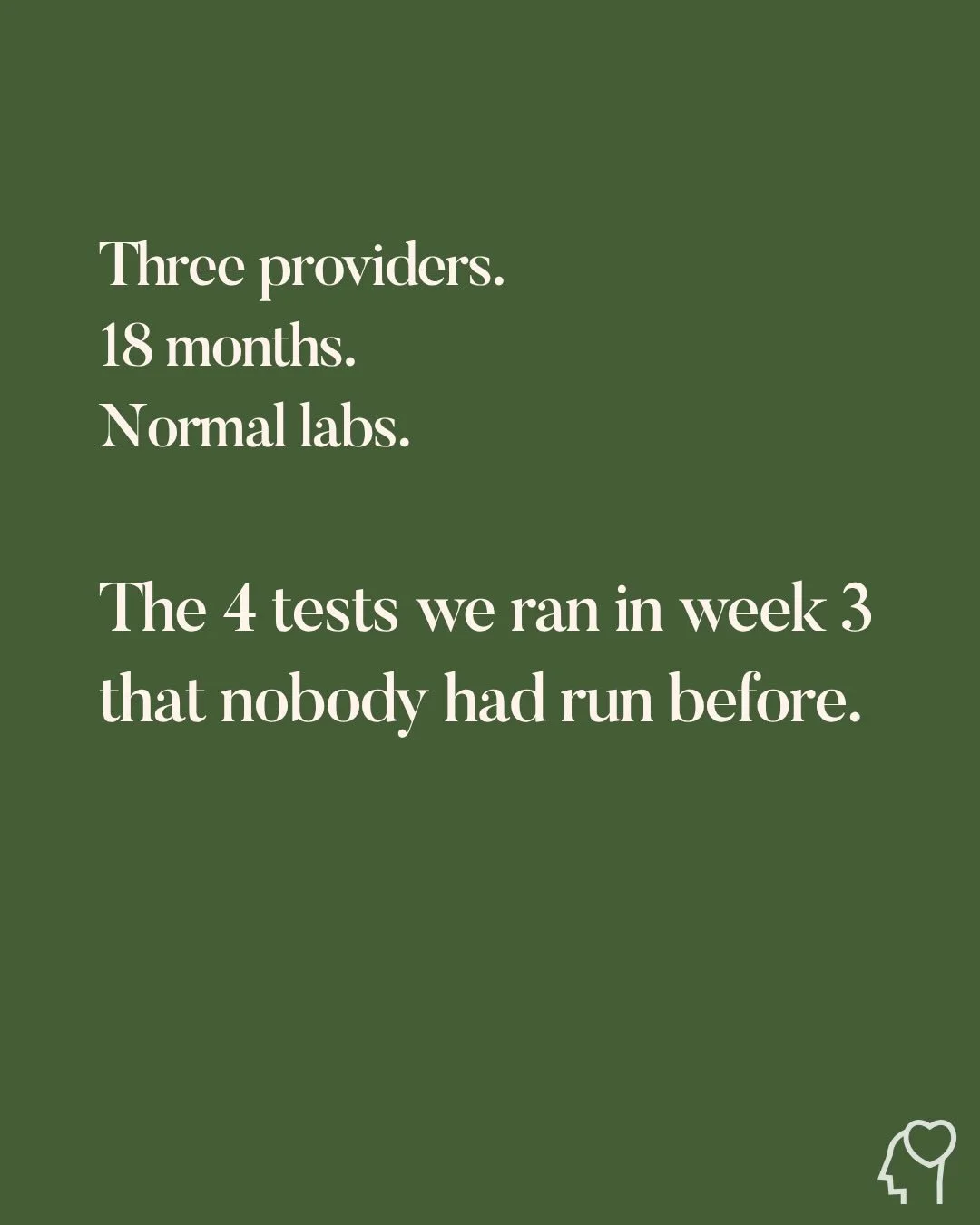 Eighteen months of &ldquo;we don&rsquo;t know.&rdquo; Three providers. Two years of feeling off.

She came to us tired of pieces. Tired of &ldquo;your labs look fine, try cutting gluten.&rdquo; Ready to look at everything at once.

Three weeks in, we