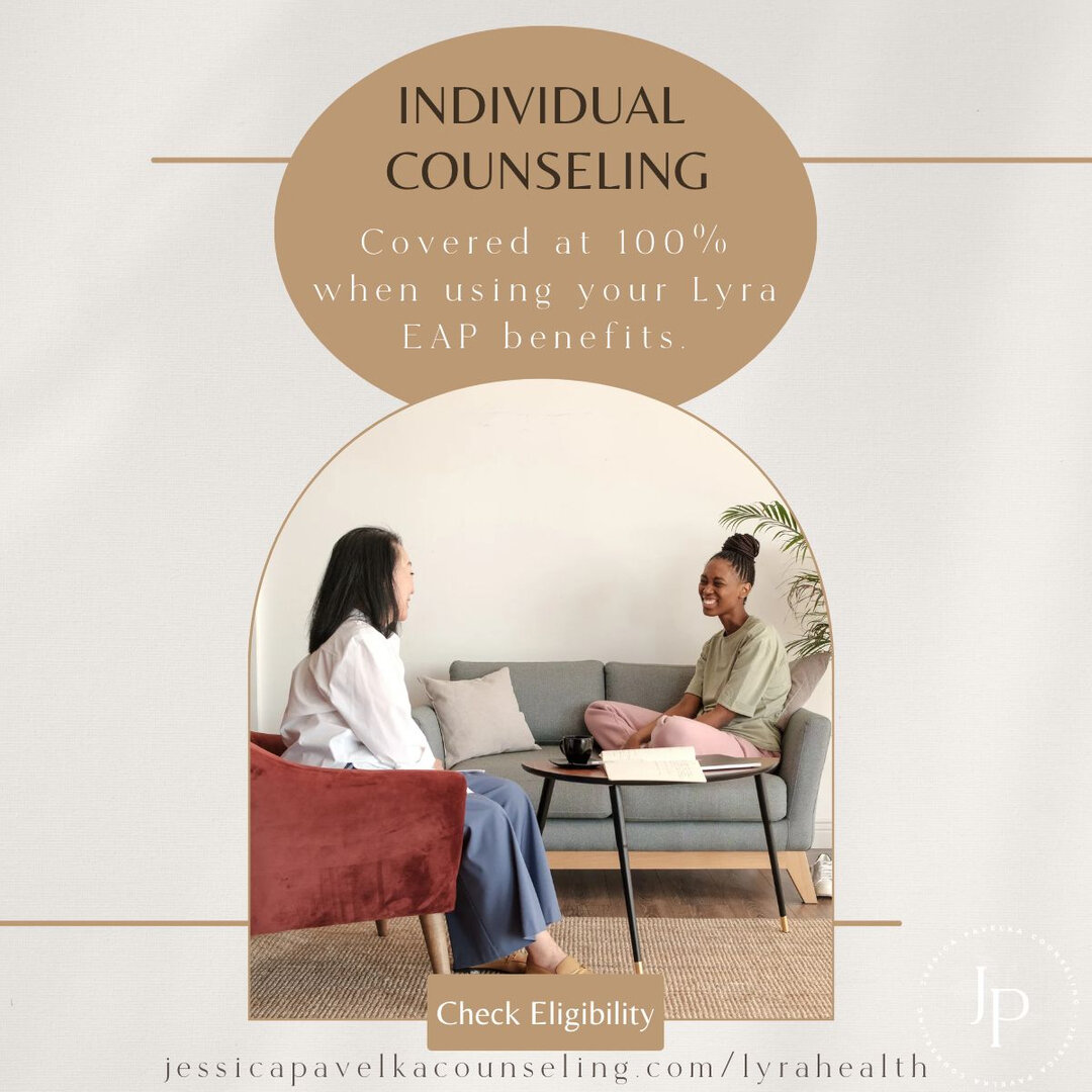 𝗡𝗲𝘄 𝗢𝗳𝗳𝗲𝗿: Individual counseling covered at 100% when using your Lyra Health EAP benefits.⠀⠀⠀⠀⠀⠀⠀⠀⠀
⠀⠀⠀⠀⠀⠀⠀⠀⠀
In an effort to continue making high quality mental health care accessible, Jessica Pavelka Counseling has just partnered with Lyra&