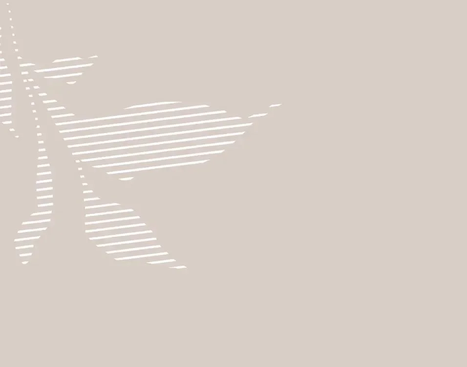 A minimalist beige background with a white, stylized leaf design consisting of horizontal lines.