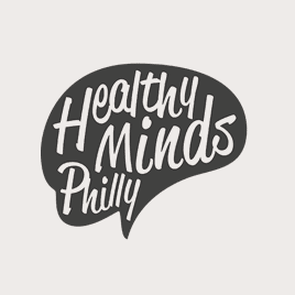 Logo with a speech bubble that says 'Healthy Minds Philly'