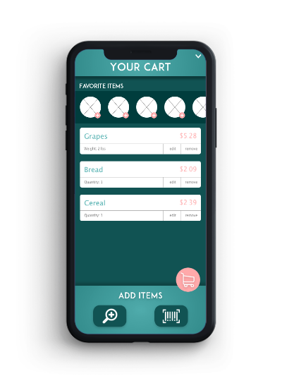 View and edit items in your cart. Search items or scan their barcodes to add them to your cart.