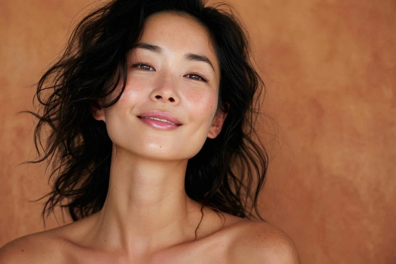 A smiling woman with dark wavy hair and clear skin posing against a warm-toned background.