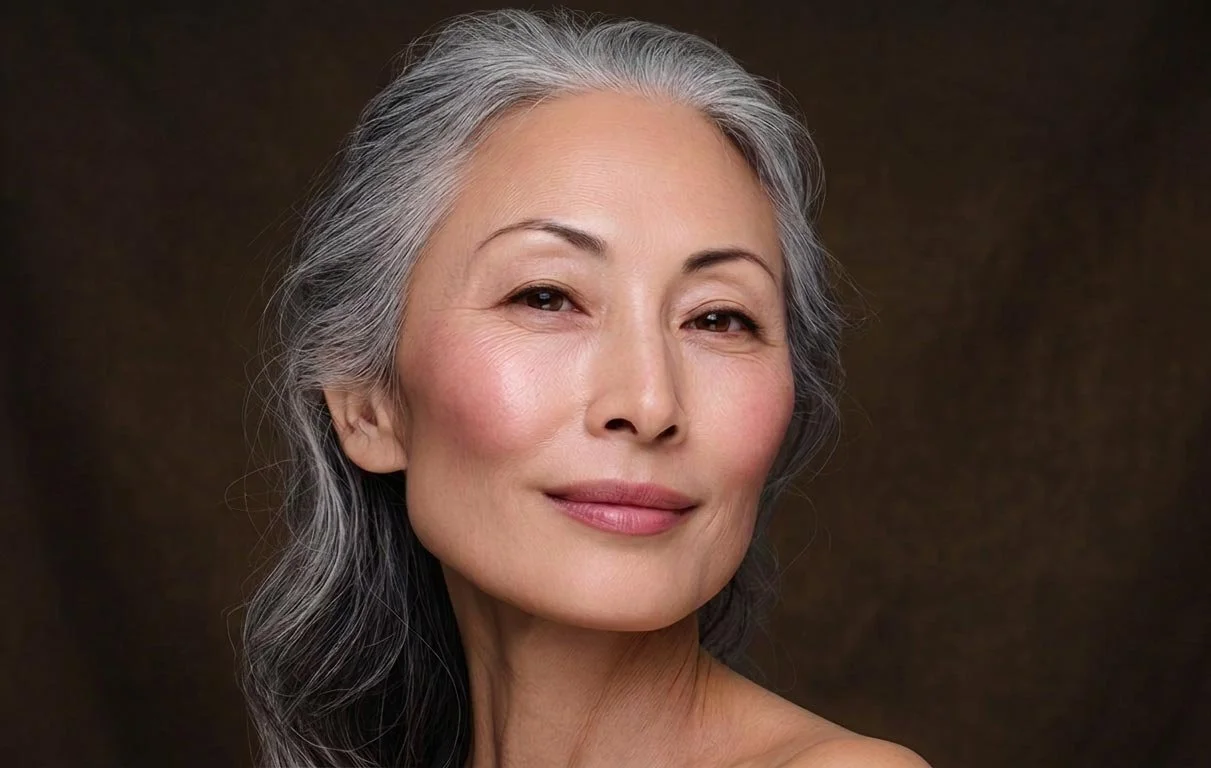 Close-up portrait of an elegant senior woman with silver hair, lightly smiling, against a dark background.