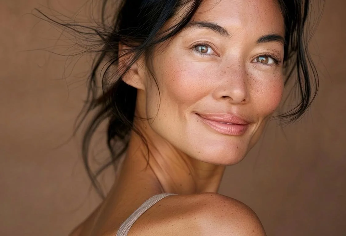A close-up portrait of a smiling woman with dark hair and freckles, looking at the camera, against a neutral background.
