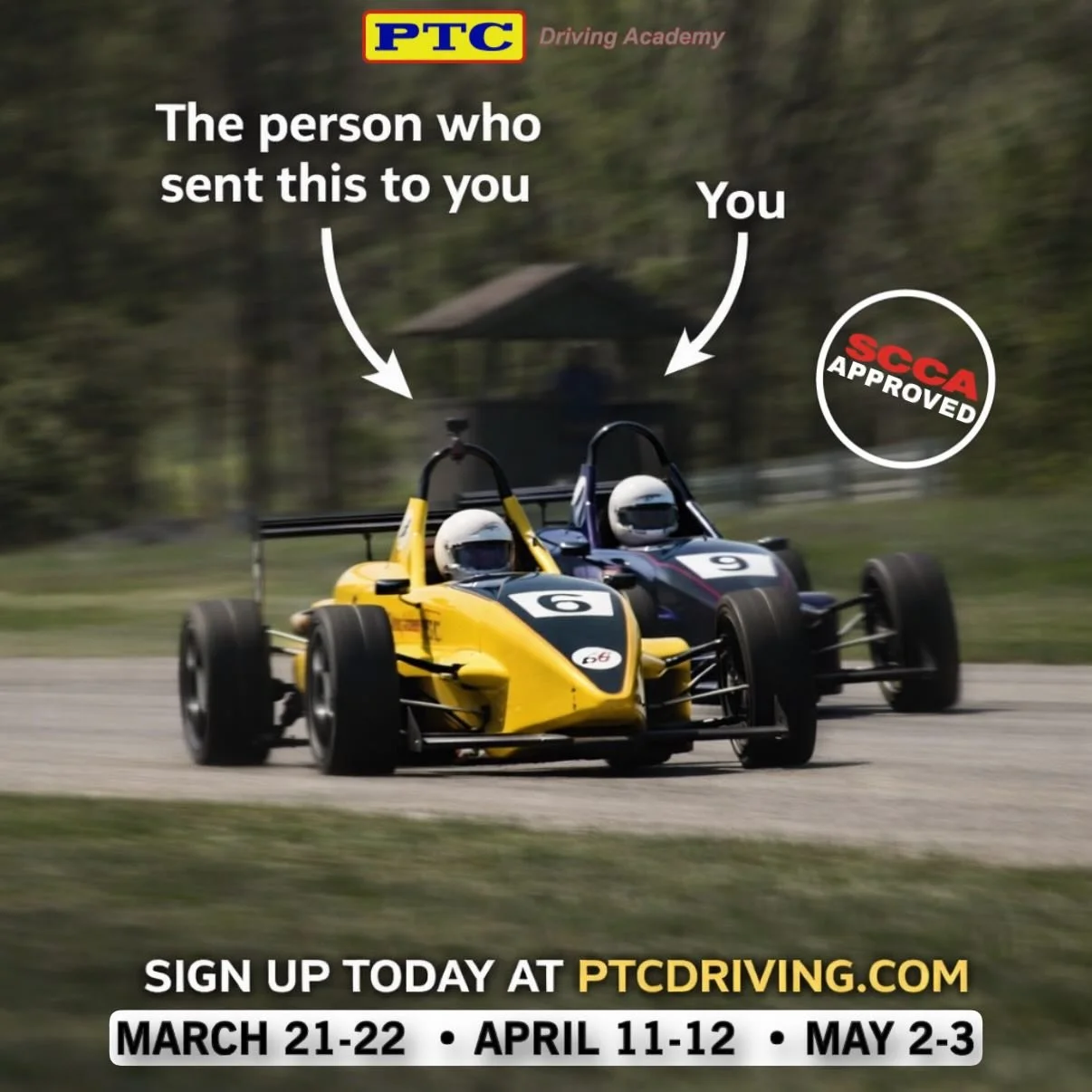 Hop on track in a purpose built Formula Dodge for our SCCA accredited racing school! Additional dates and further information can be found in our pinned post on this page or at ptcdriving.com.