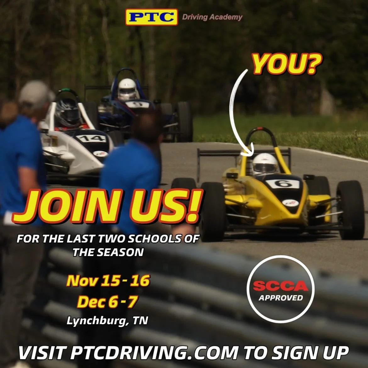 Finish off the year on the track! Join our world class instructors for a 1-Day or 2-Day racing school. 

Sign up today at ptcdriving.com or use the link on our page.