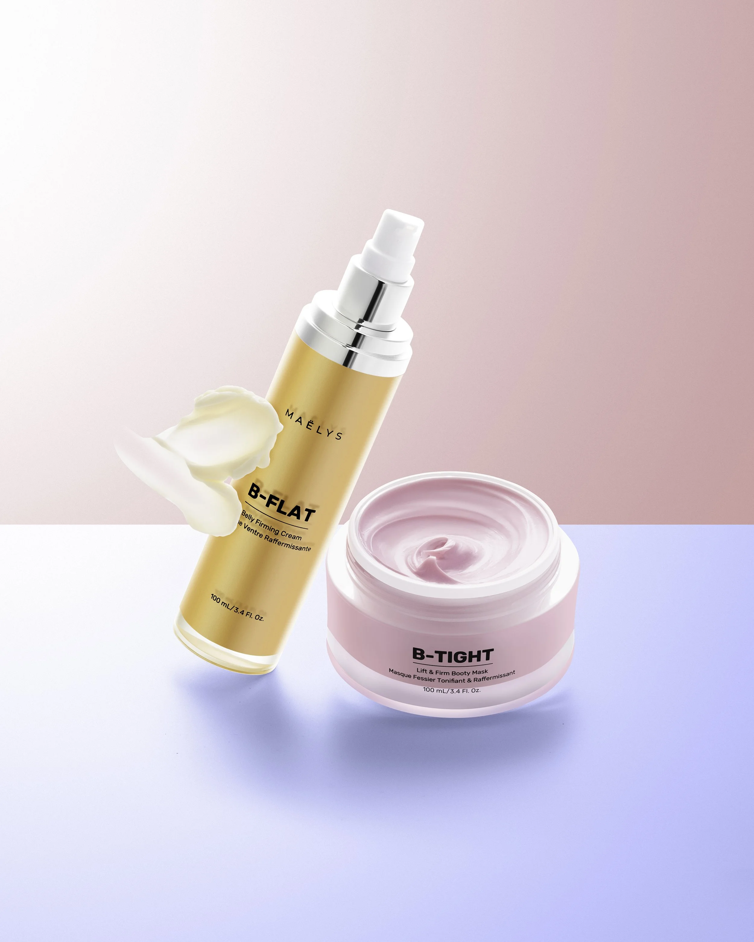 Skincare products including a B-flat belly firming cream spray and a B-tight lift and firm booty mask, with cream swatched on a pastel background.