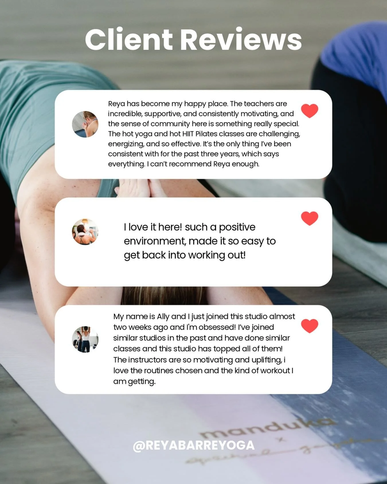 Reya isn&rsquo;t just a workout&mdash;it&rsquo;s a happy place 🥰

Supportive, motivating instructors. Challenging, energizing classes. A community that keeps you coming back again and again.

From hot yoga and hot HIIT Pilates to Fusion Pilates + Ba