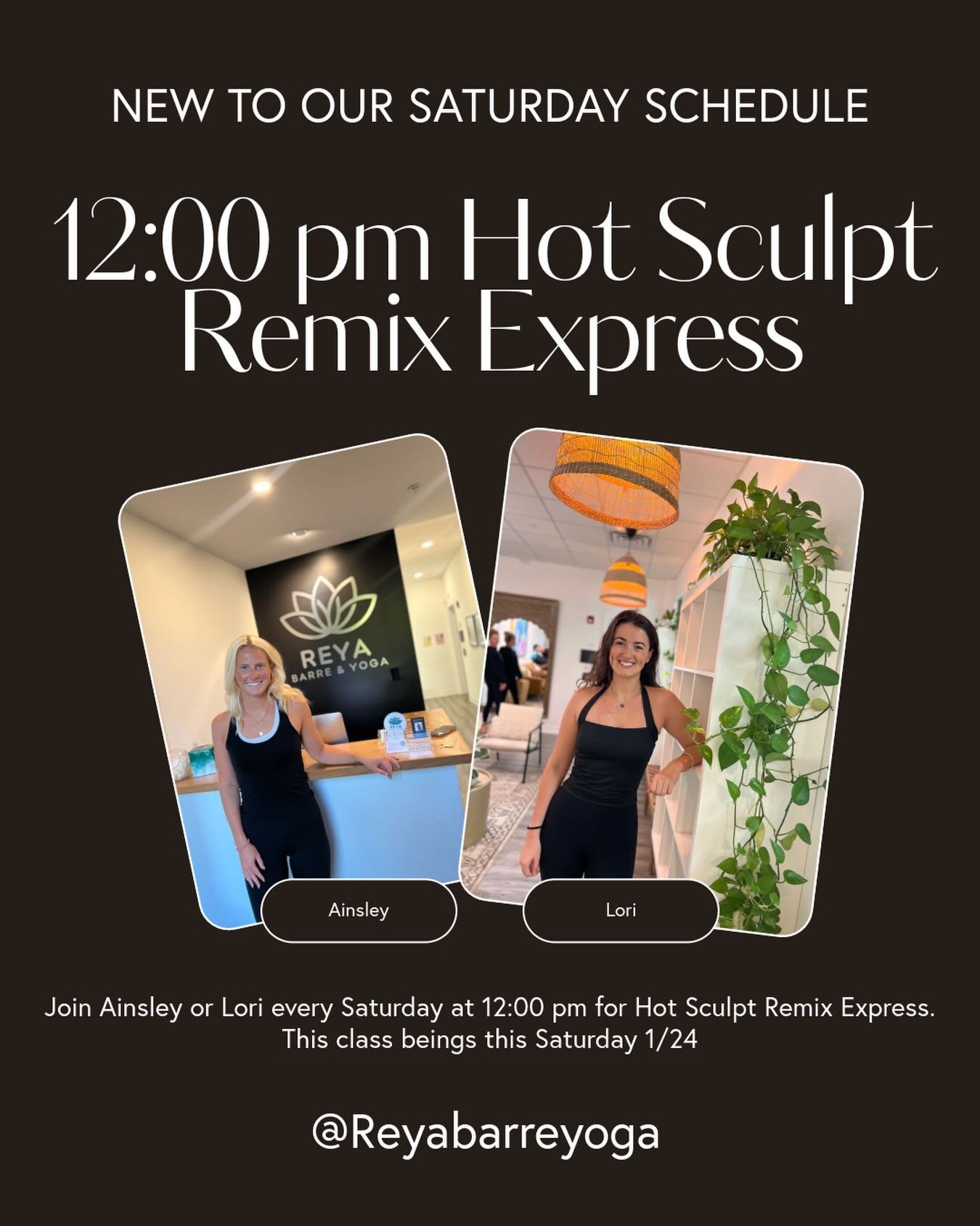 Another new class 💥🧨 attention Saturday folks! Starting this Saturday 1/24, join @ainsleymorasco or @lorii.madison at 12:00 pm for Hot Sculpt Remix Express. We know you wanted a later option on Saturday and we are pleased these two can bring it to 