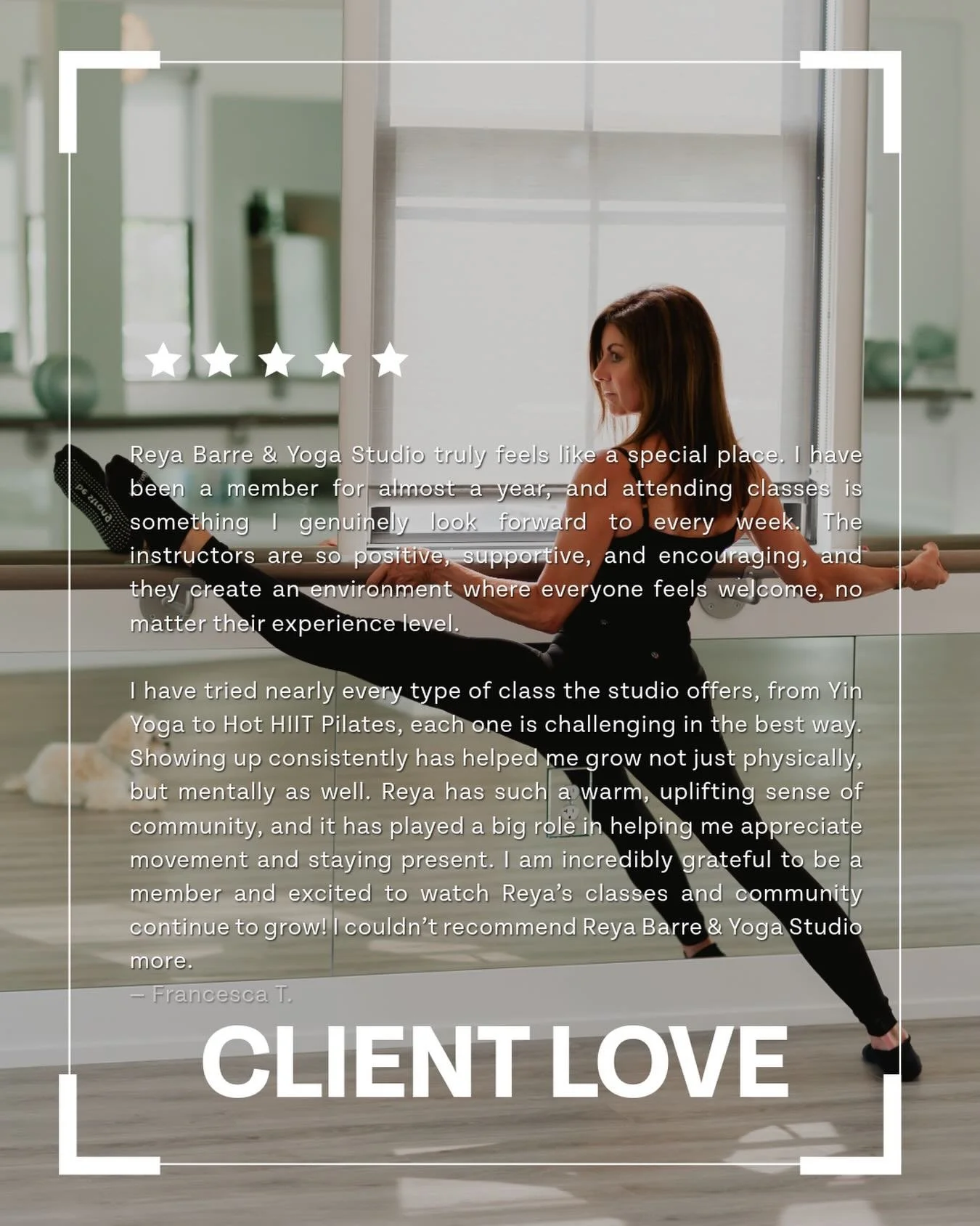 &ldquo;Reya Barre &amp; Yoga Studio truly feels like a special place. I have been a member for almost a year, and attending classes is something I genuinely look forward to every week. The instructors are so positive, supportive, and encouraging, and