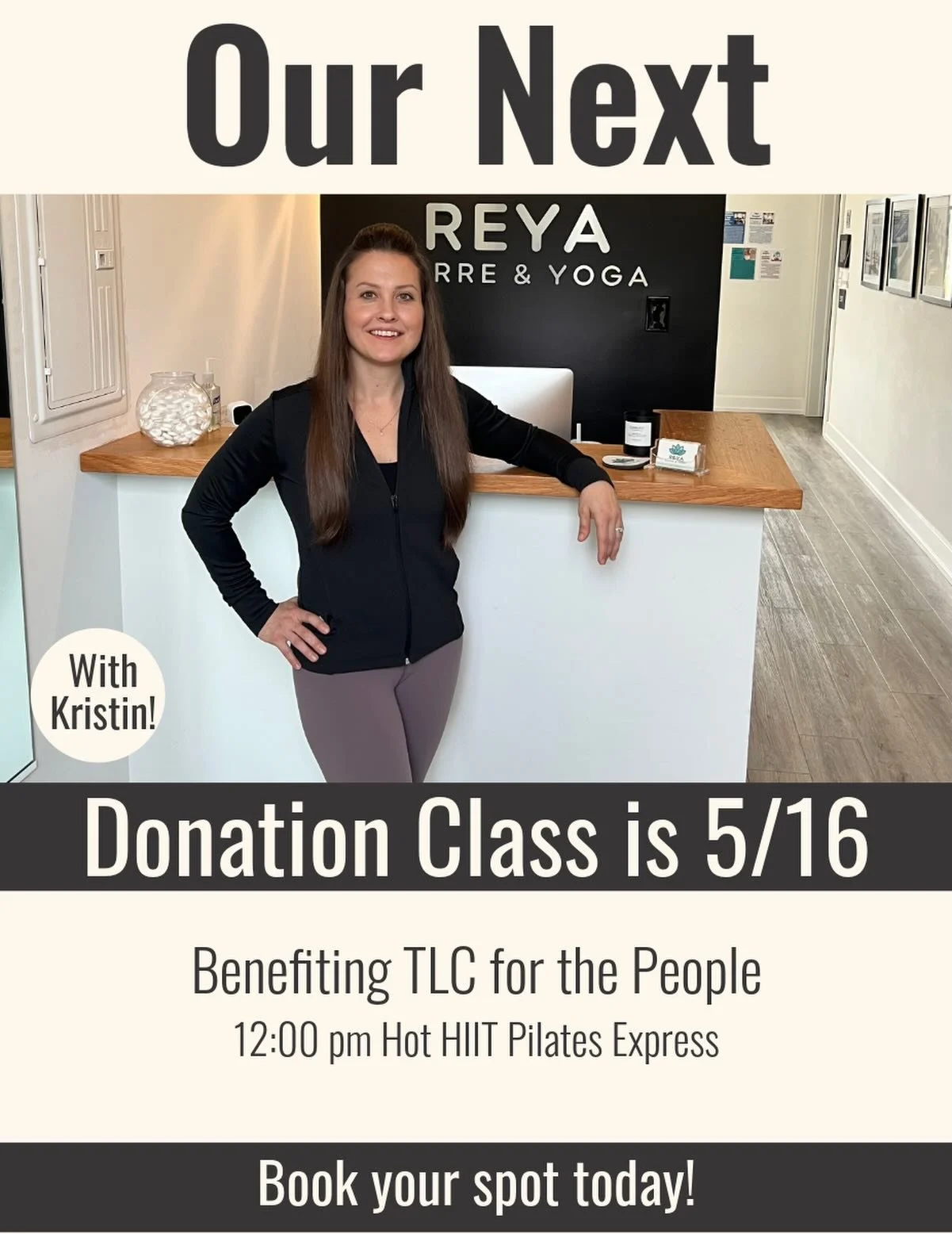 Join Kristin for a donation Hot HIIT Pilates Express benefiting TLC for the People on May 16th at 12:00 pm! TLC for the People&rsquo;s mission is to create programs, provide shelter, conduct outreach, and advocate for solutions that address homelessn