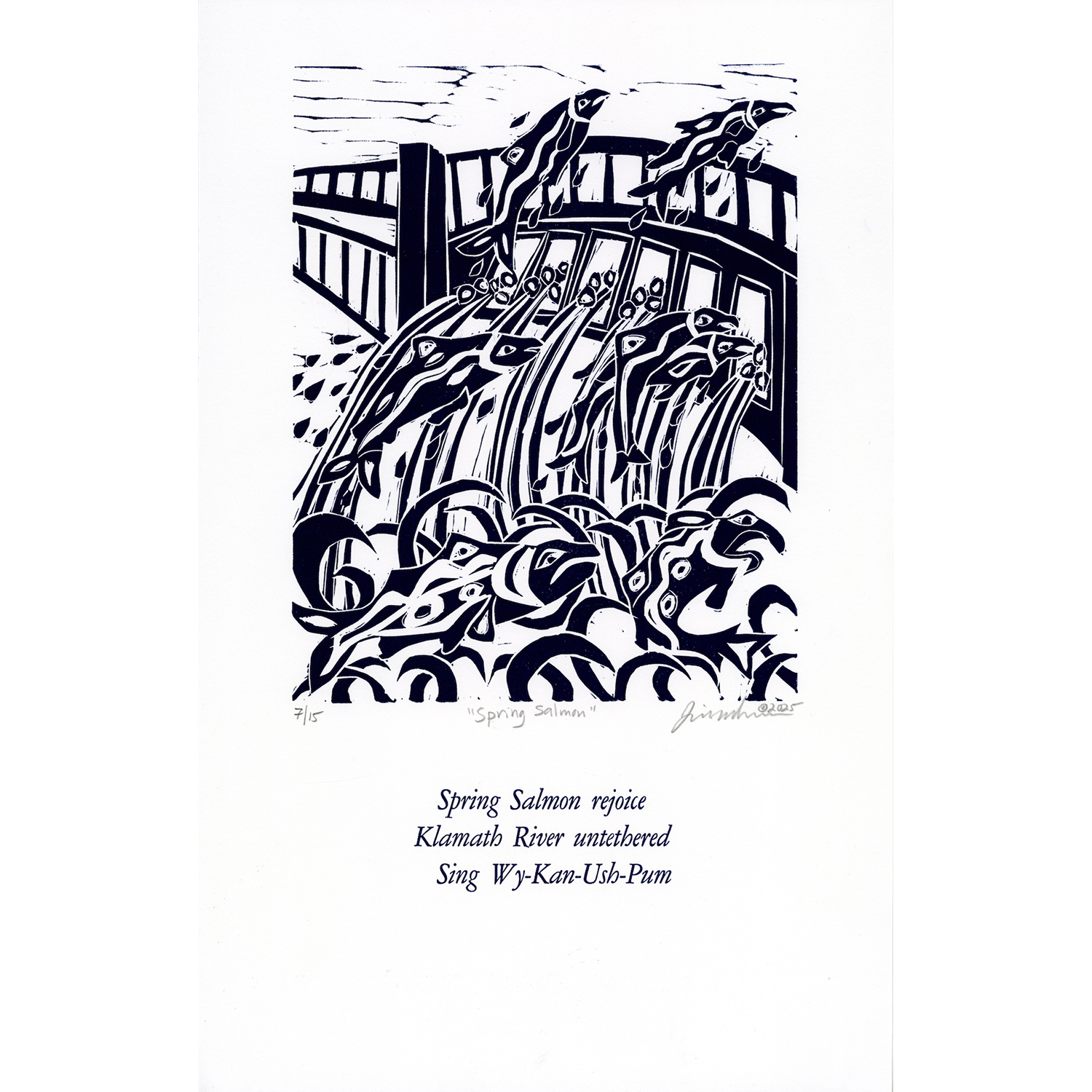 Jill McLennan
“Spring Salmon”,
linoleum block print 
with letterset poem, 2025, 18˝ x 12˝
