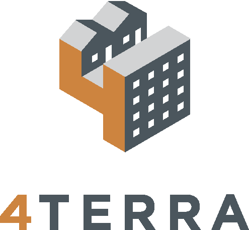 An isometric illustration of a building complex with multiple levels and windows, combined with the text "4TERRA" below it.