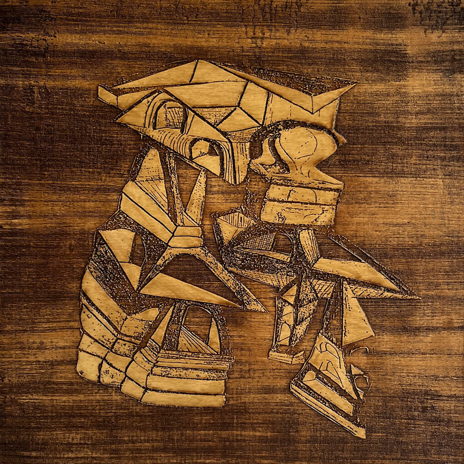 Benoit Dherin
“Slowly Falling into the Future”, 
etched wood with laser, 2026, 10˝ x 10˝