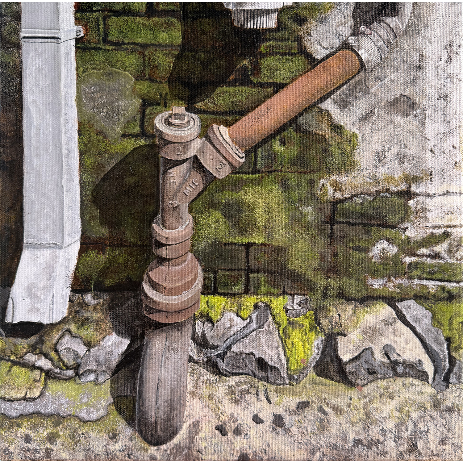 Linda Lee Boyd
“Alleyway Still Life 2”, 
acrylic on canvas, 2026, 12˝ x 12˝
