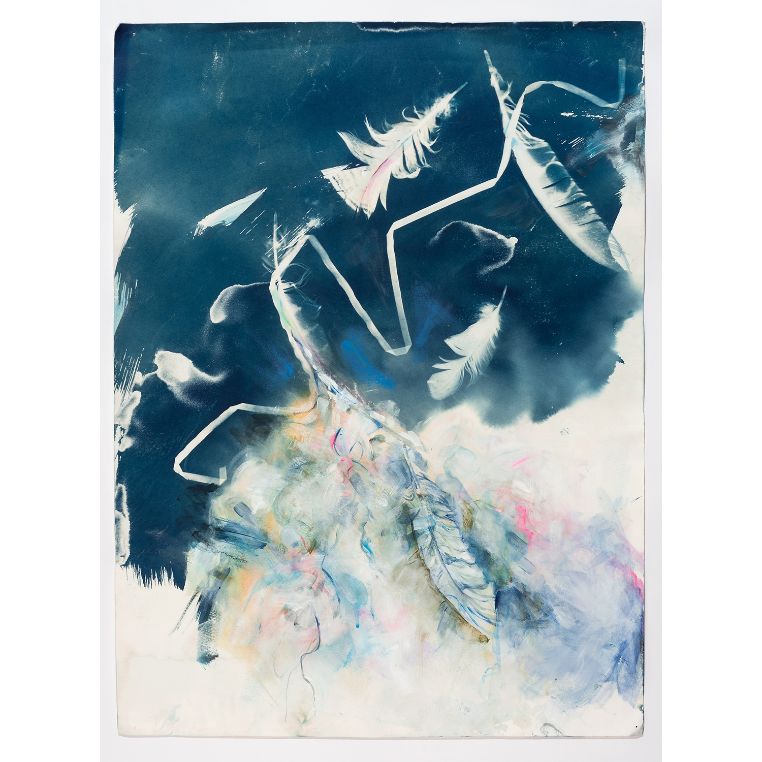 Ann Holsberry
“Falling Feathers 1”,
cyanotype and acrylic on paper, 2024, 36˝ x 28˝
