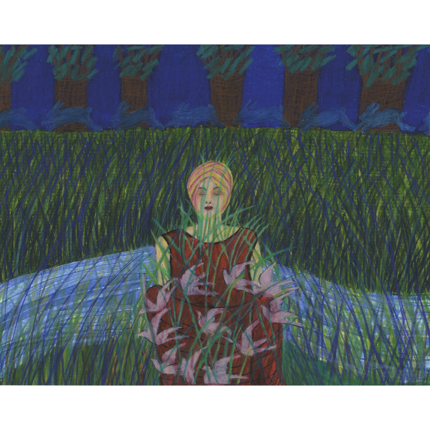 Mary Ann Merker
“Meditation with Birds and Rabbits #2”,
color pencil on photo paper, 2026, 10.5˝ x 12.75˝

