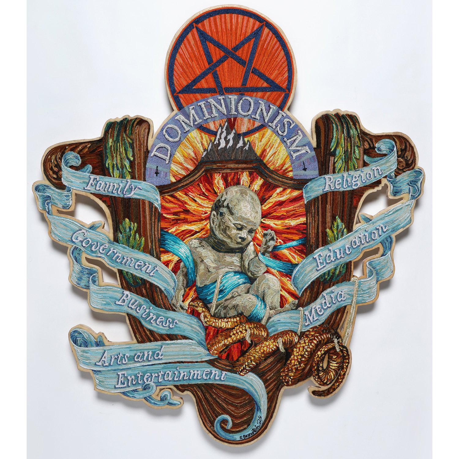 “Dominionism”, string and wax on wood, 2024, 41˝x37˝