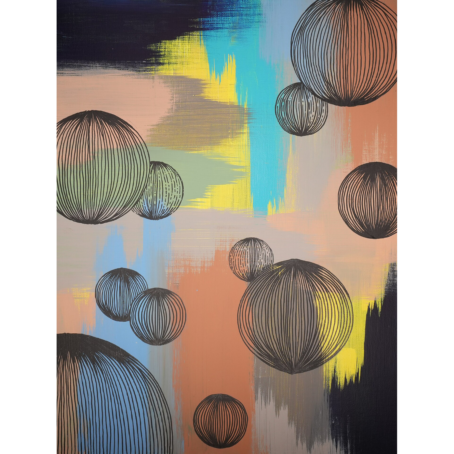 Chiho Kikukawa
“Cloud Spheres”,
acrylic paint and illustration on canvas, 2026, 14˝ x 11˝