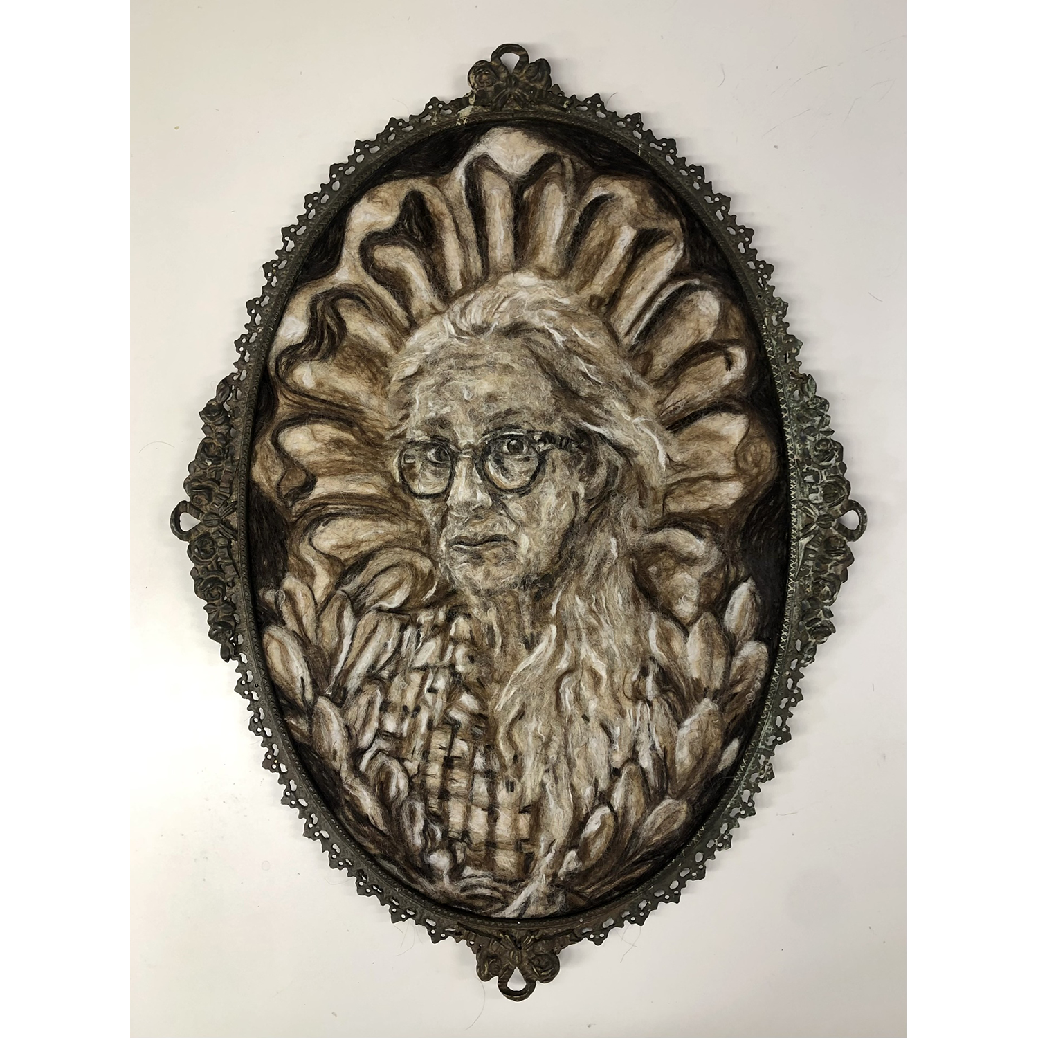 Robin Bernstein
“Self Portrait”, 
my hair, the hair of my family, 
and the fur of our dogs, 2025, 32˝ x 20˝