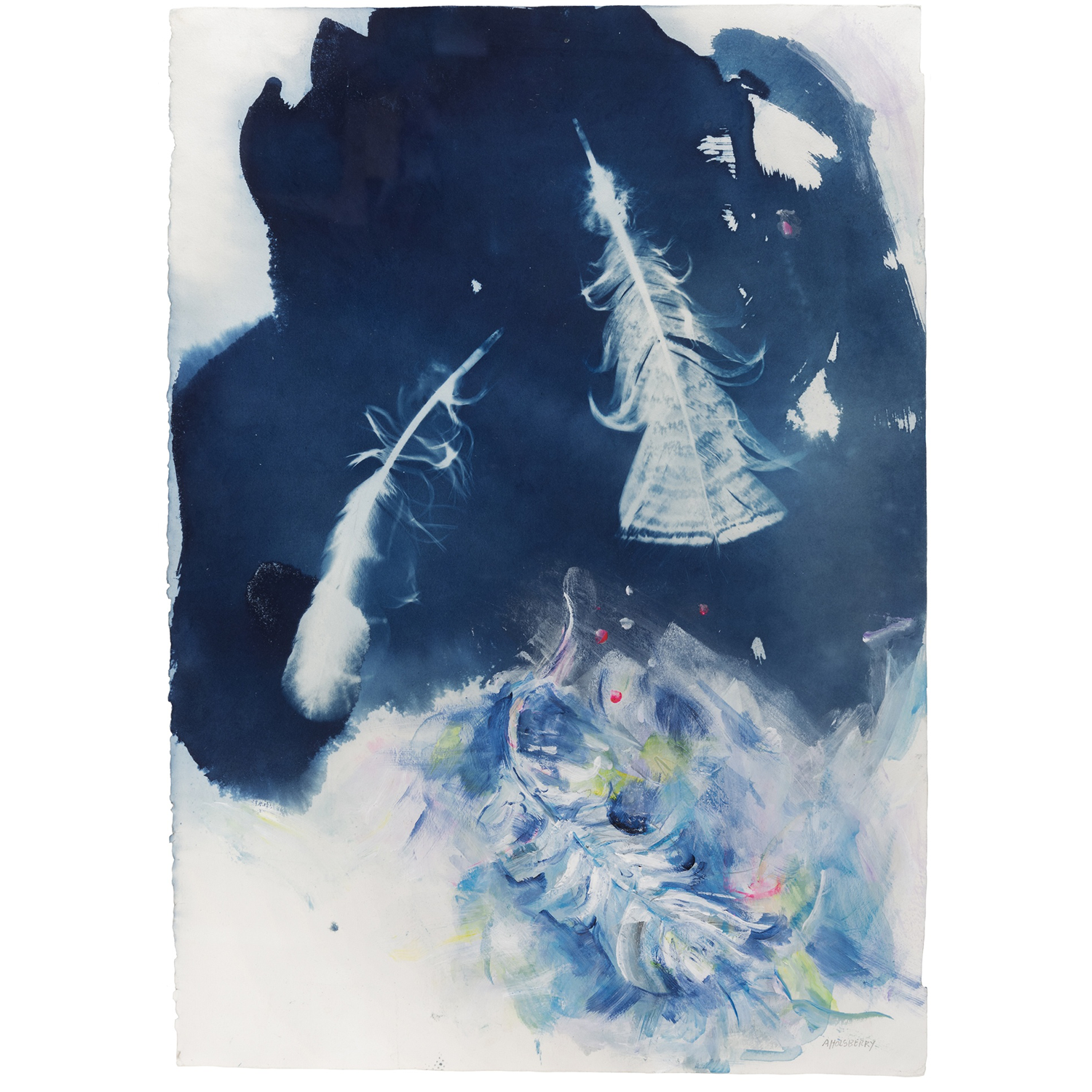 Ann Holsberry
“Falling Feathers 2”,
cyanotype and acrylic on paper, 2024, 23˝ x 18˝