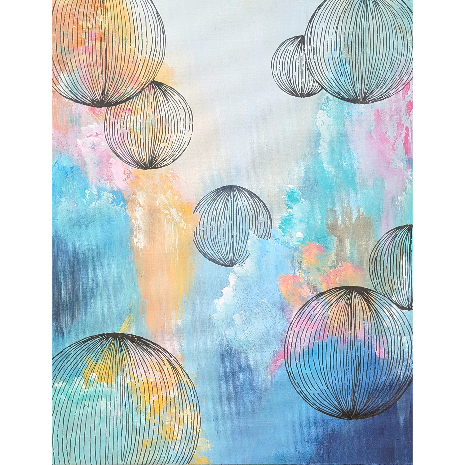 Chiho Kikukawa
“Cloud Spheres”,
acrylic paint and illustration on canvas, 2026, 14˝ x 11˝