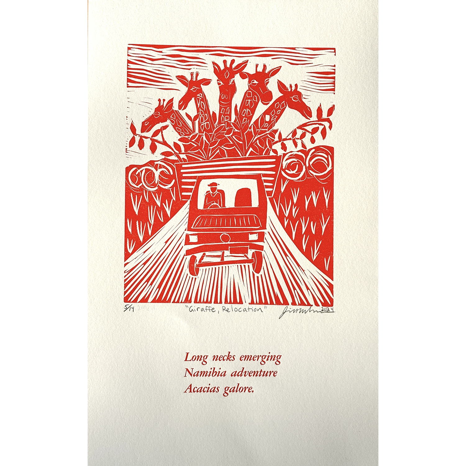 Jill McLennan
“Giraffe Relocation”,
linoleum block print 
with letterset poem, 2025, 18˝ x 12˝
