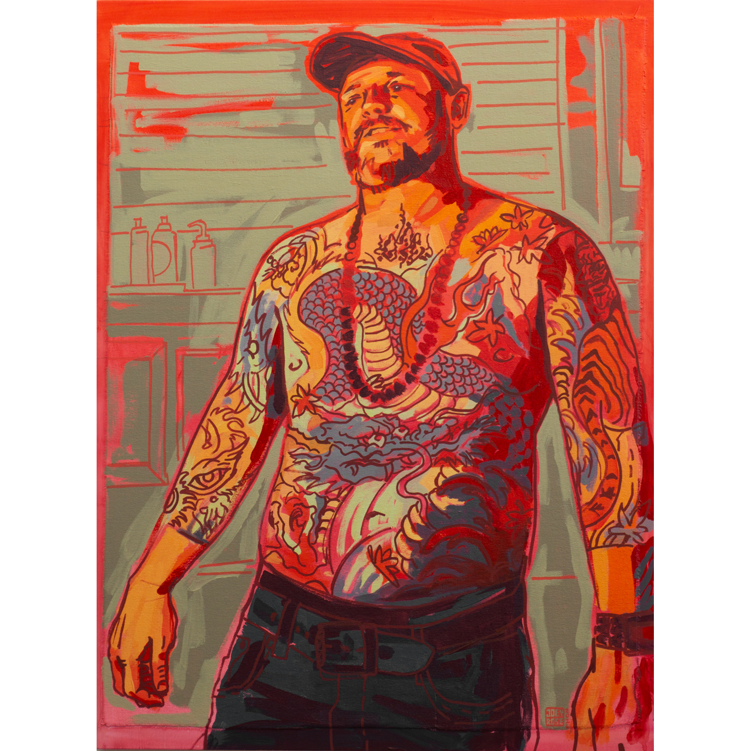 Joey Rose
“Tatted”,
acrylic paint on canvas, cradled wood panel, 2026, 32˝ x 24˝
