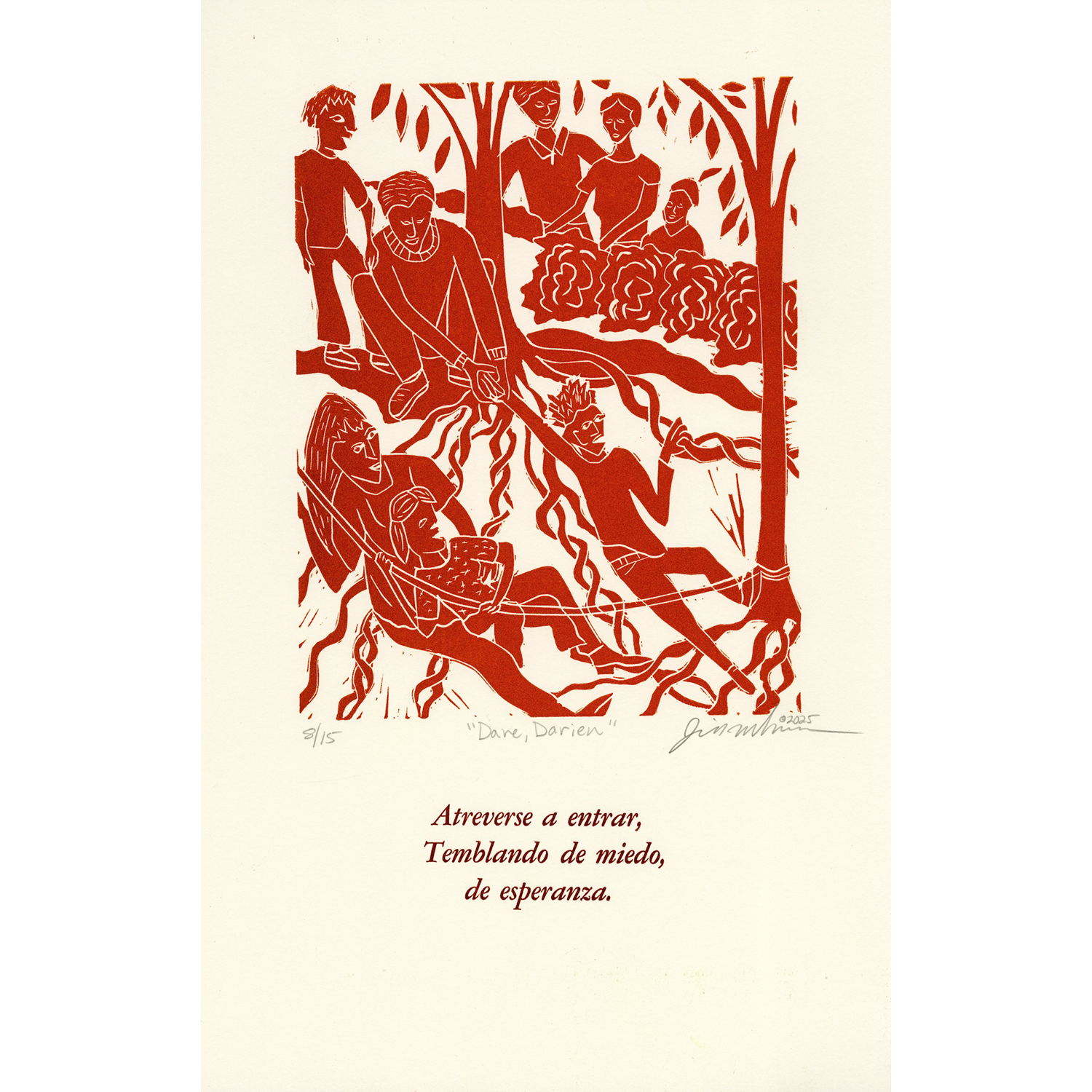 Jill McLennan
“Dare, Darien”,
linoleum block print 
with letterset poem, 2025, 18˝ x 12˝
