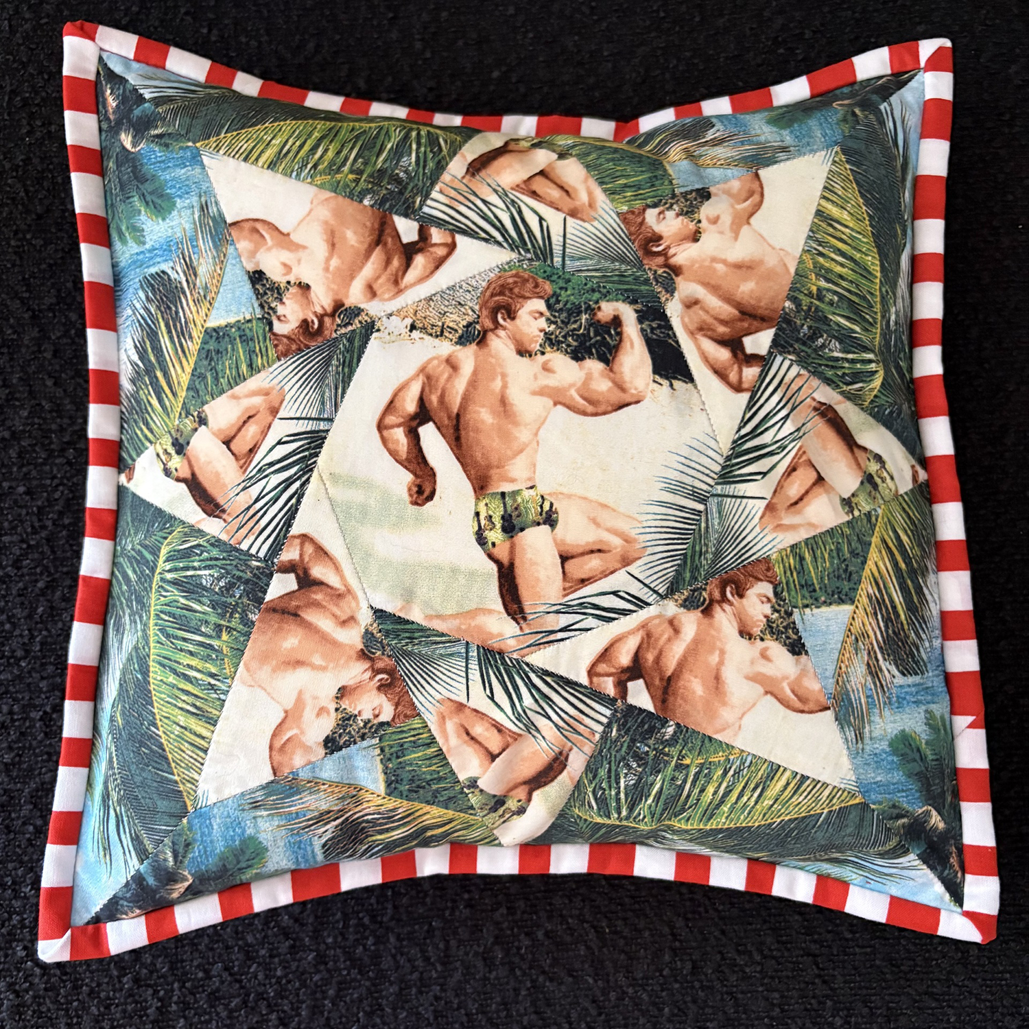 Marian Alonso
“Hunks in Chunks, or 
"Men Belong in the Home" #1”, 
quilting cotton, cotton thread, 
pillow insert, 2026, 12˝ x 12˝ x 4.5˝