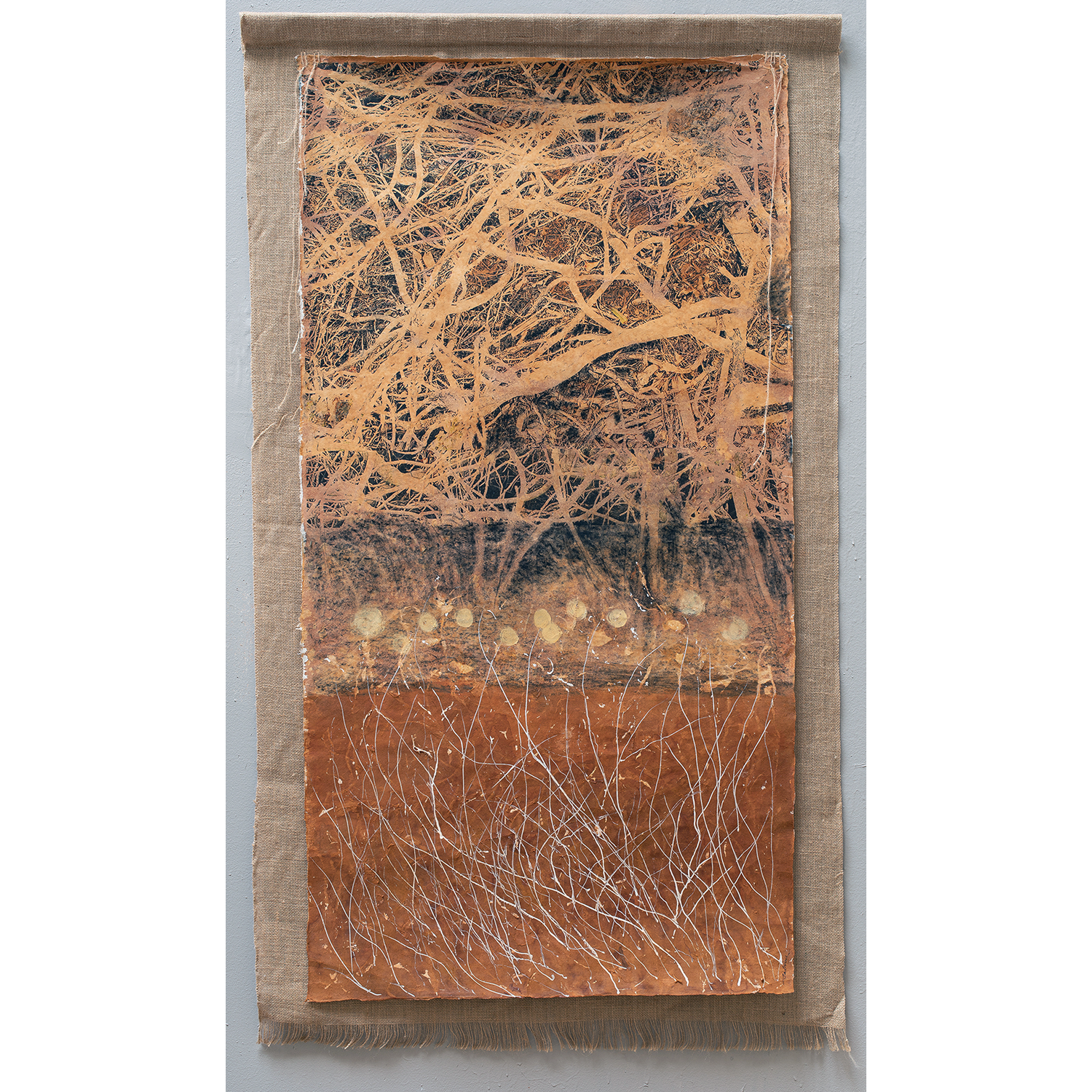 Salma Arastu
“The Story of Mycelium”, 
rust, charcoal, oil pastels, 
jute twine on paper on burlap, 2022, 66˝ x 36˝
