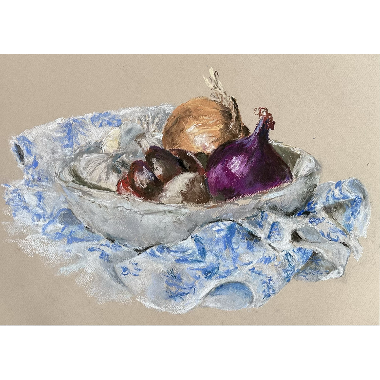 Judy Abello
“Onions on My Table”, 
soft pastel, 2026, 11˝ x 14˝