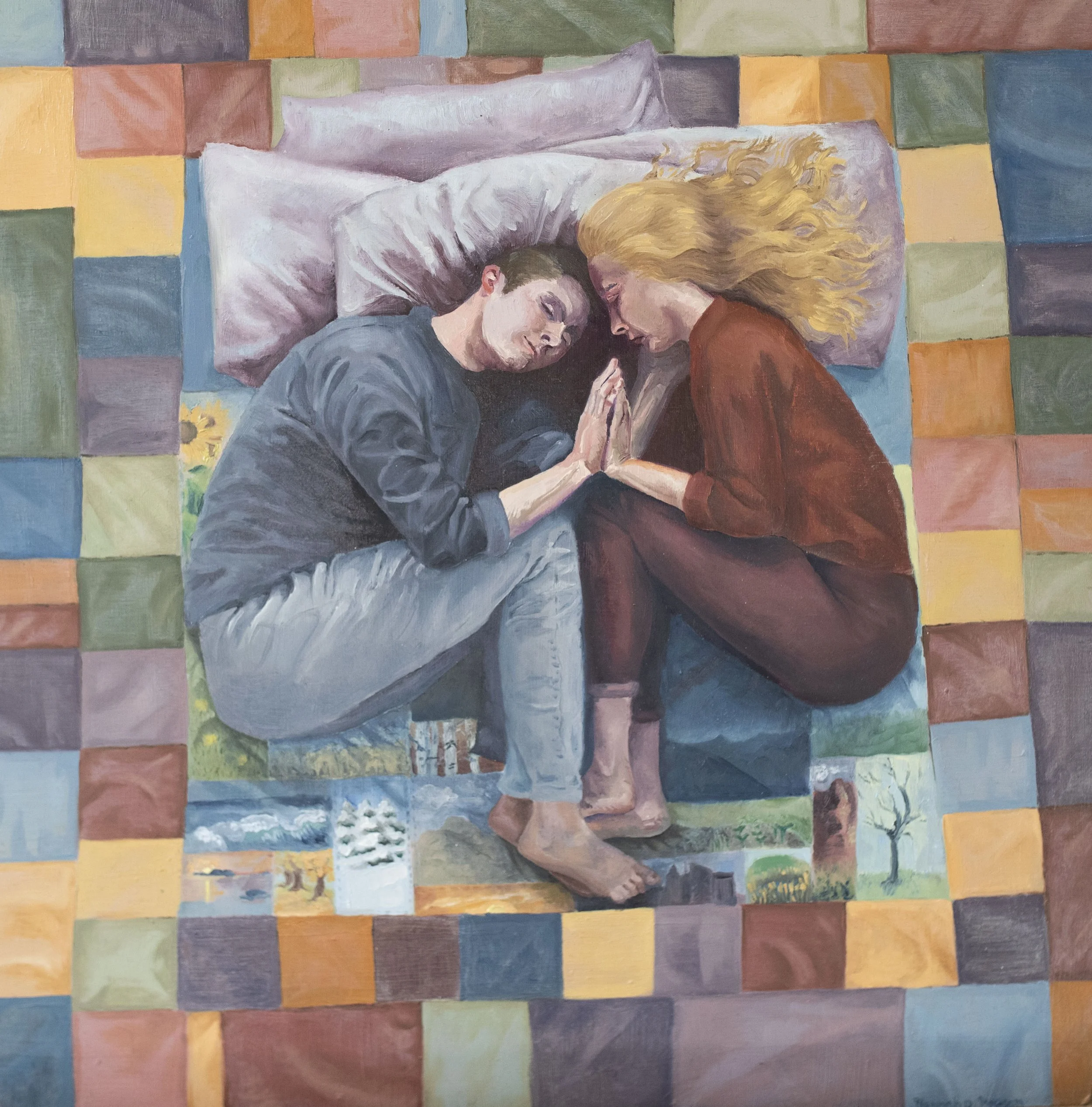 painting of a couple lying on a bed, holding hands and touching foreheads, with colorful patchwork background.