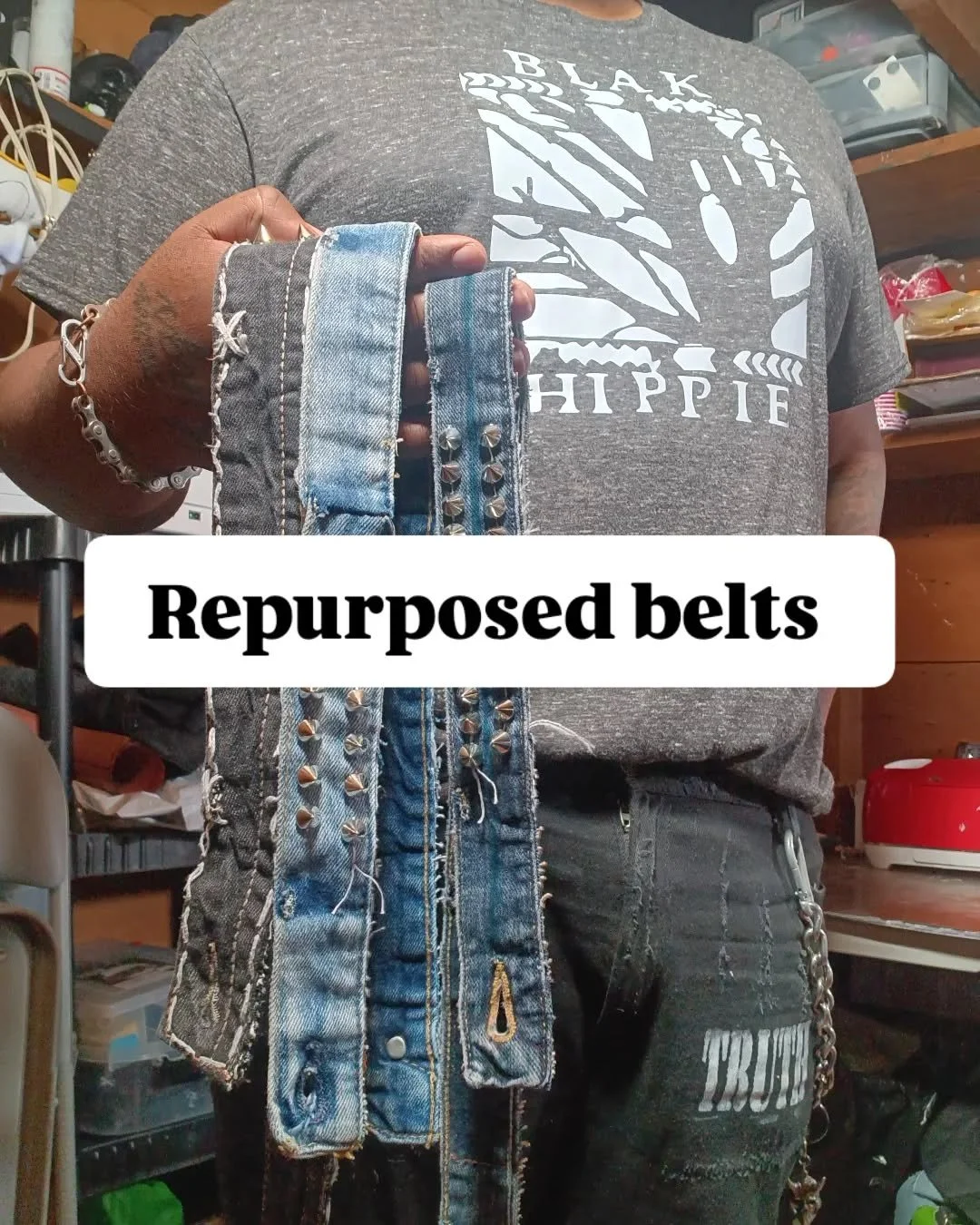 So this week, I went and made some cool belts out of some of my old jean projects. I don't see why anything should go to waste when you can repurpose it.

I resown these belts back together and add some studs for that street punk feel.

Is you don't 