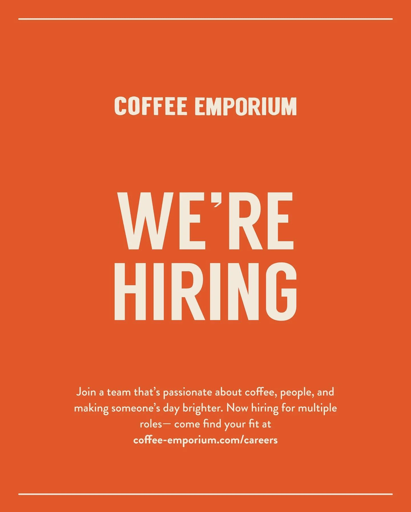 We&rsquo;re hiring!
From the caf&eacute;, to the kitchen, to the Roasting Haus&mdash; there&rsquo;s a spot for you on our team.

Check out our updated careers page and apply directly on our website: coffee-emporium.com/careers

#CoffeeEmporium #Reall