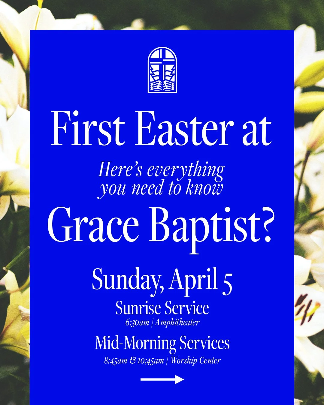 Join us this Easter!
All the details you need&mdash;service times, parking, and more&mdash;are right here. Whether it&rsquo;s your first time or your first time in a while, we&rsquo;d love to celebrate with you!