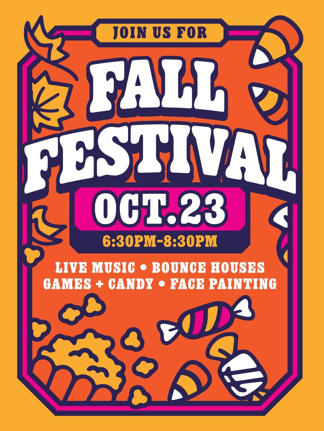 Fall Festival is just around the corner, and we can hardly wait! Join us on October 23rd at 6:30 for an evening packed with fun: live music, bounce houses, games, candy, a tractor ride, Chick-fil-A and kettle corn for purchase, and our famous chili c