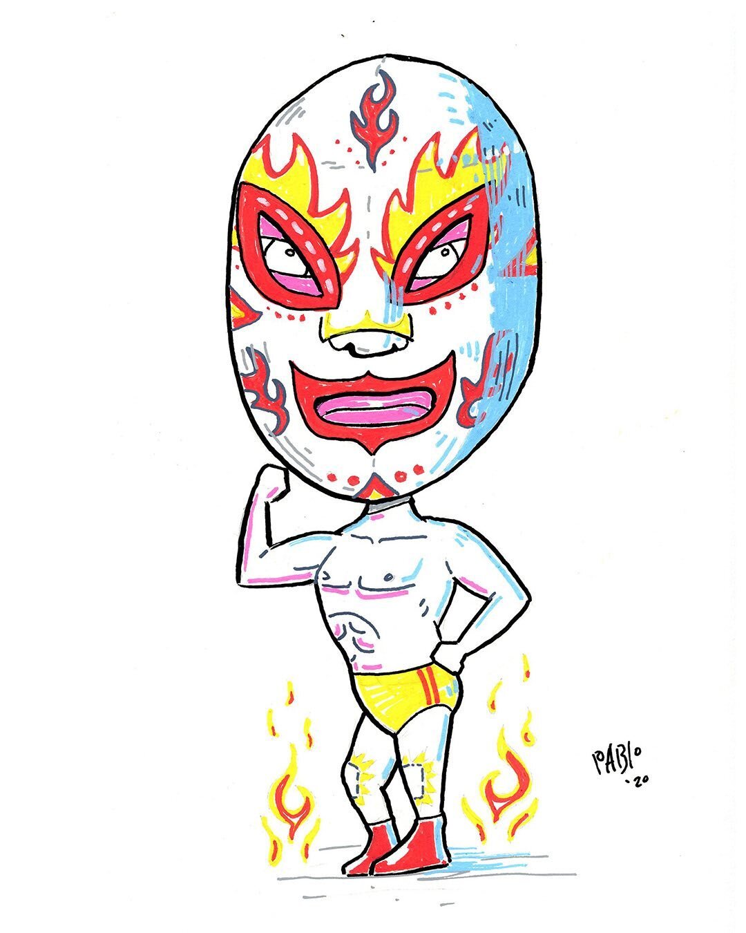Lucha The Flame - acrylic pens on paper #luchador #lucha #mexican wrestler #latino art #hand drawn