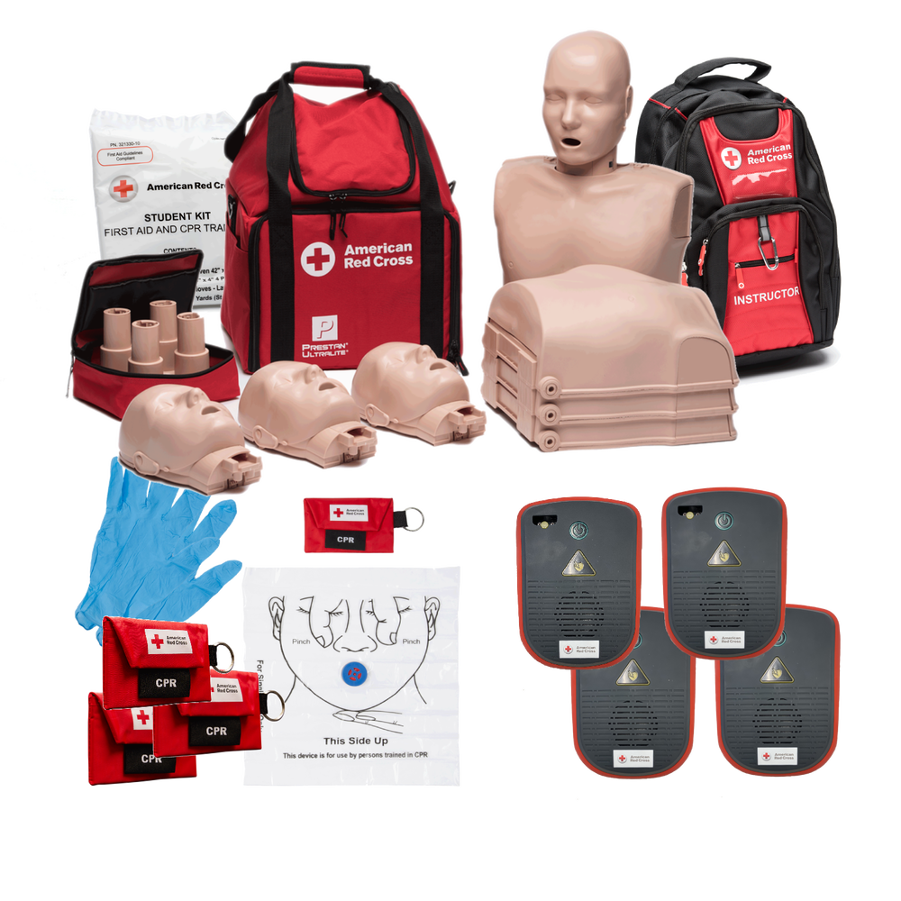 A complete American Red Cross CPR and first aid training kit including mannequins, defibrillator trainers, first aid supplies, backpacks, training AEDs, and instructional materials.