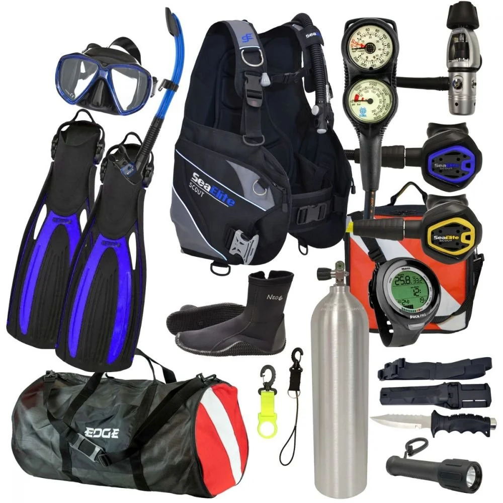 Scuba diving gear including fins, mask, snorkel, wetsuit, buoyancy control device, tank, regulator, dive computer, depth gauges, knife, flashlight, a gear bag, and various accessories.