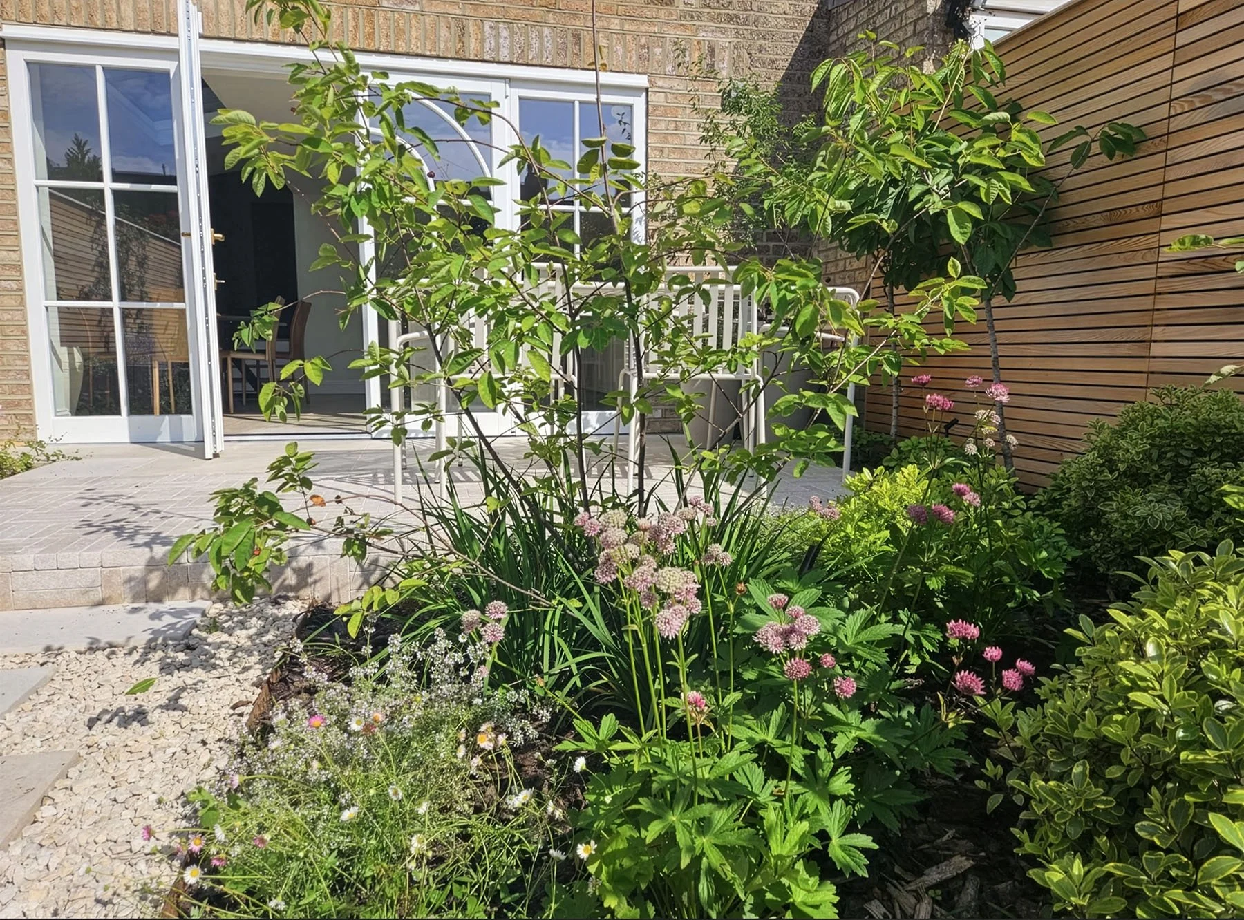 A backyard garden with flowering plants, shrubs, small trees, a patio with brick steps, and a glass sliding door leading into a house.