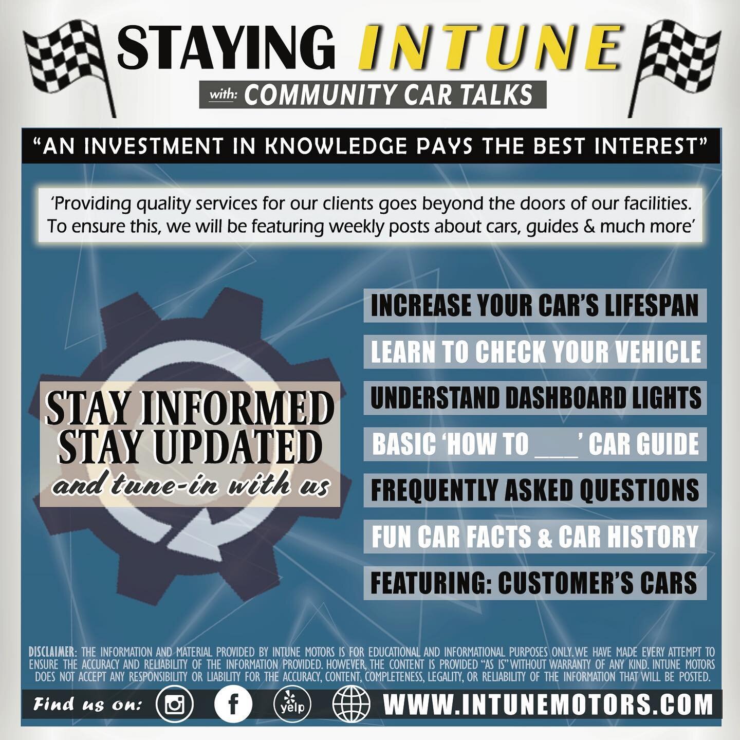❗️COMING SOON❗️
Stay Intune for our community car talks! We will be providing information on current news, car care guides &amp; tips, automotive information, latest new tech, fun facts, promotions and much more! 
Staying Intune will be featured on s